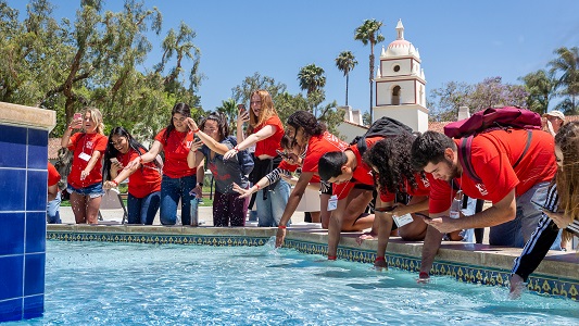 students at csuci fountain