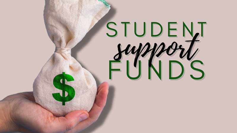 A hand holding a beige money bag with a green dollar sign on it and next to the hand the words Student support funds